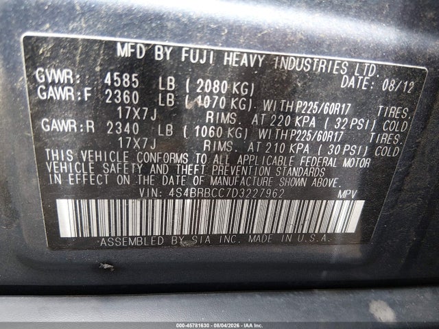 45781630 :رقم المزاد ، 4S4BRBCC7D3227962 vin ، 2013 Subaru Outback 2.5i Premium مزاد بيع