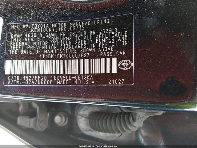 Продажа на аукционе авто 2012 Toyota Camry Se V6, vin: 4T1BK1FK7CU007697, номер лота: 45781633