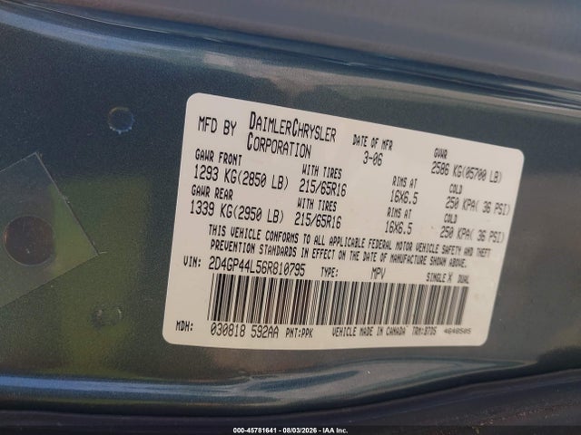 45781641 :رقم المزاد ، 2D4GP44L56R810795 vin ، 2006 Dodge Grand Caravan Sxt مزاد بيع