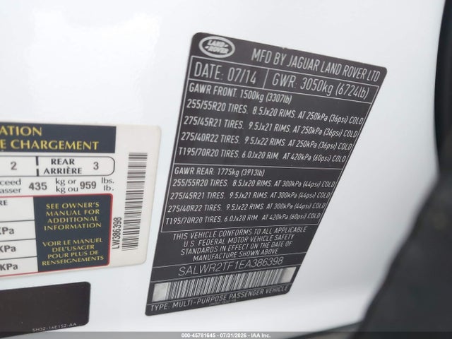 Aukcja sprzedaży 2014 Land Rover Range Rover Sport 5.0l V8 Supercharged, vin: SALWR2TF1EA386398, numer aukcji: 45781645