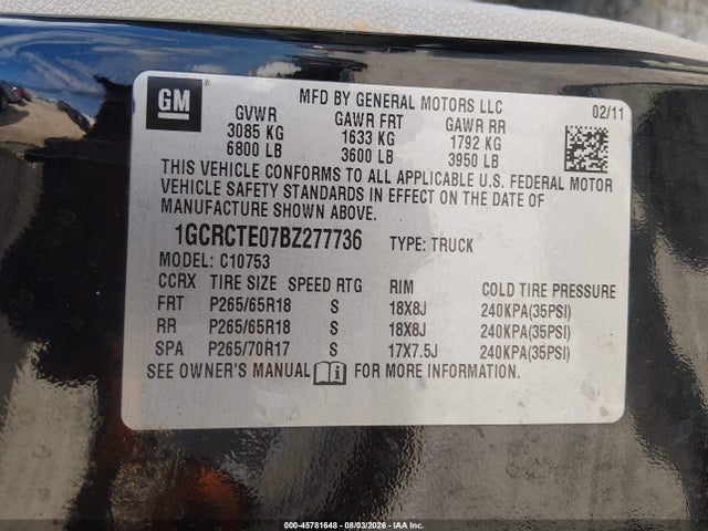 2011 Chevrolet Silverado 1500 Ltz მანქანა იყიდება აუქციონზე, vin: 1GCRCTE07BZ277736, აუქციონის ნომერი: 45781648