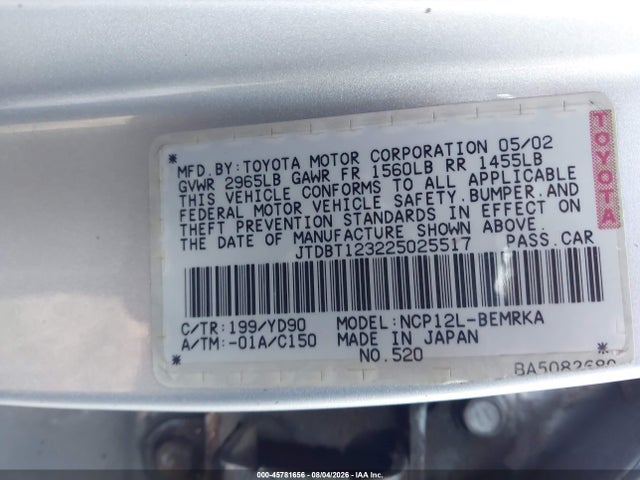 45781656 :رقم المزاد ، JTDBT123225025517 vin ، 2002 Toyota Echo مزاد بيع