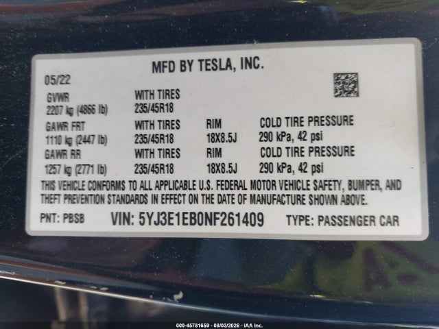 2022 Tesla Model 3 Long Range Dual Motor All-wheel Drive მანქანა იყიდება აუქციონზე, vin: 5YJ3E1EB0NF261409, აუქციონის ნომერი: 45781659