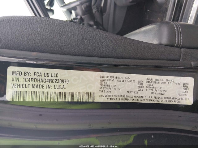 2024 Dodge Durango Sxt Rwd მანქანა იყიდება აუქციონზე, vin: 1C4RDHAG4RC230979, აუქციონის ნომერი: 45781662