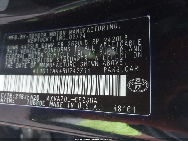 45781669 :رقم المزاد ، 4T1G11AK4RU242714 vin ، 2024 Toyota Camry Se مزاد بيع