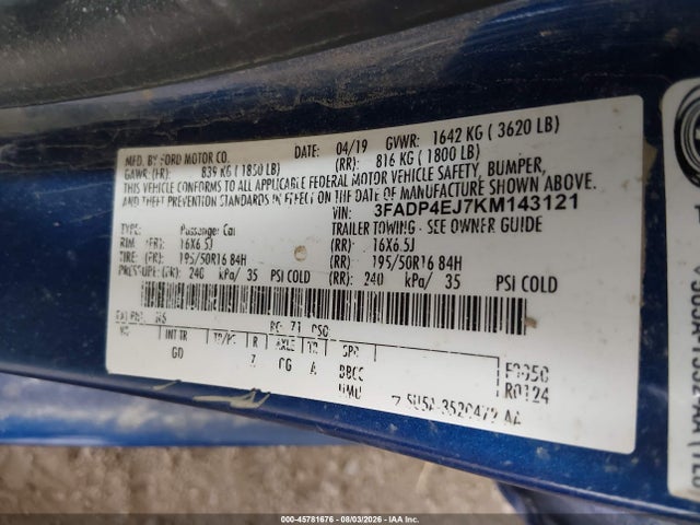 Продаж на аукціоні авто 2019 Ford Fiesta Se, vin: 3FADP4EJ7KM143121, номер лоту: 45781676