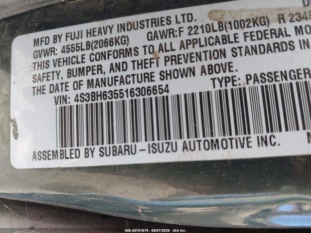 45781679 :رقم المزاد ، 4S3BH635516306654 vin ، 2001 Subaru Legacy L مزاد بيع