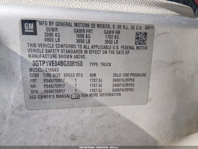 Продаж на аукціоні авто 2011 Gmc Sierra 1500 Sle, vin: 3GTP1VE04BG308160, номер лоту: 45781684