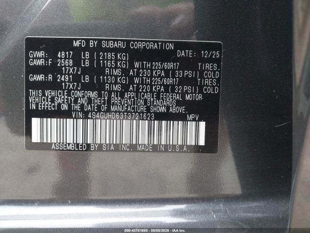 Aukcja sprzedaży 2026 Subaru Crosstrek Premium, vin: 4S4GUHD63T3721623, numer aukcji: 45781695