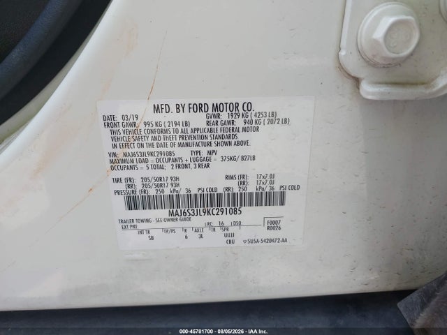 Продаж на аукціоні авто 2019 Ford Ecosport Ses, vin: MAJ6S3JL9KC291085, номер лоту: 45781700
