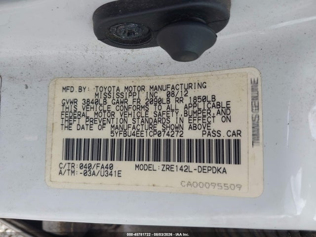 Aukcja sprzedaży 2012 Toyota Corolla L, vin: 5YFBU4EE1CP074272, numer aukcji: 45781722
