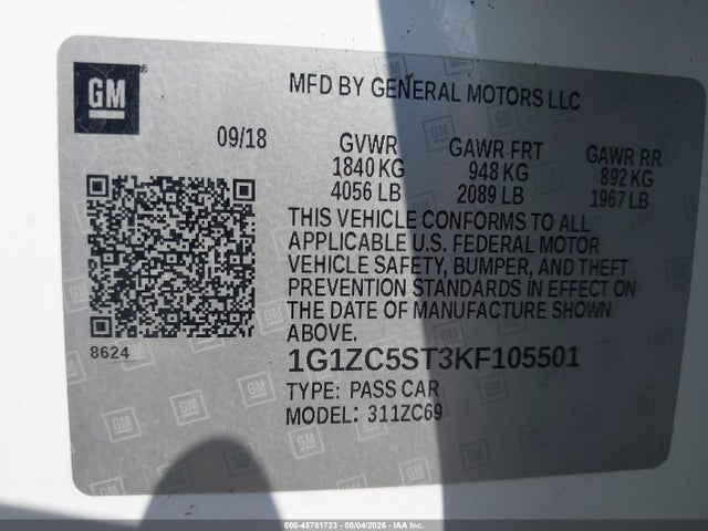 Продаж на аукціоні авто 2019 Chevrolet Malibu 1fl, vin: 1G1ZC5ST3KF105501, номер лоту: 45781723