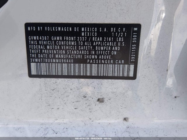 45781725 :رقم المزاد ، 3VW6T7BU8MM096440 vin ، 2021 Volkswagen Jetta Gli 2.0t Autobahn/2.0t S مزاد بيع