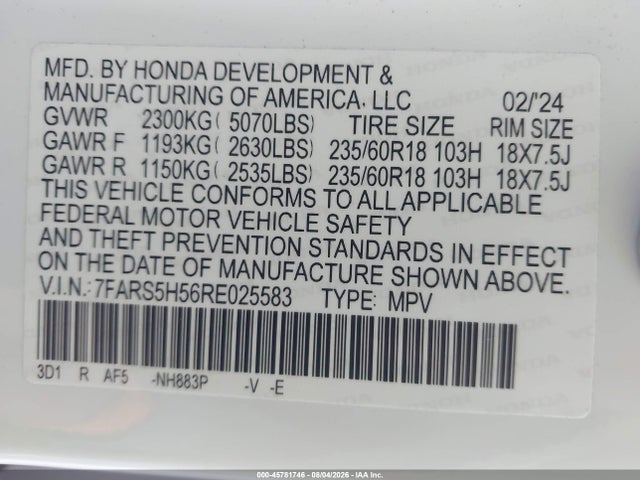 45781746 :رقم المزاد ، 7FARS5H56RE025583 vin ، 2024 Honda Cr-v Hybrid Sport مزاد بيع