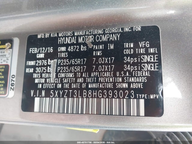 Продаж на аукціоні авто 2017 Hyundai Santa Fe Sport 2.4l, vin: 5XYZT3LB8HG393023, номер лоту: 45781756