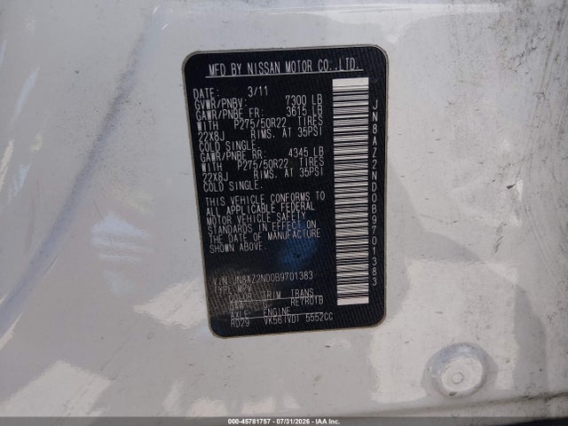 45781757 :رقم المزاد ، JN8AZ2ND0B9701383 vin ، 2011 Infiniti Qx56 مزاد بيع