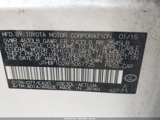 45781758 :رقم المزاد ، JTHBF1D2XF5067725 vin ، 2015 Lexus Is 250 مزاد بيع