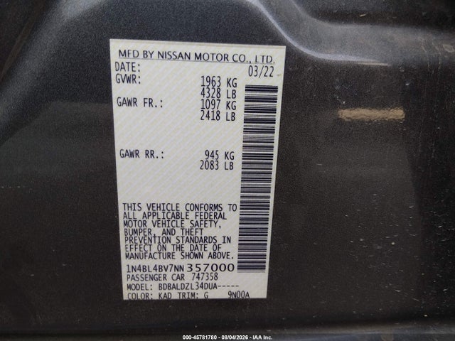 Продажа на аукционе авто 2022 Nissan Altima S Fwd, vin: 1N4BL4BV7NN357000, номер лота: 45781780
