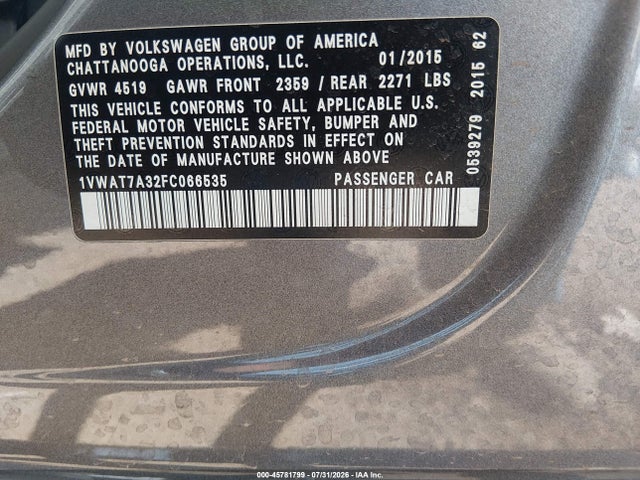 1VWAT7A32FC066535 Volkswagen Passat 1.8t S