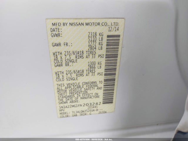 Aukcja sprzedaży 2015 Nissan Murano Sv, vin: 5N1AZ2MG1FN203242, numer aukcji: 45781806