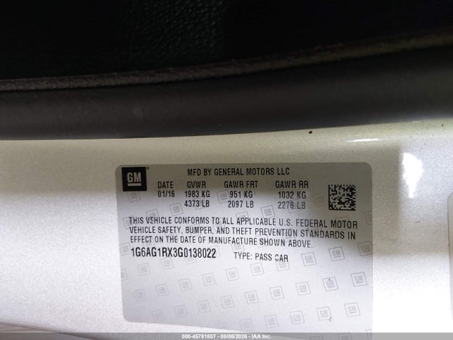 45781807 :رقم المزاد ، 1G6AG1RX3G0138022 vin ، 2016 Cadillac Ats Standard مزاد بيع