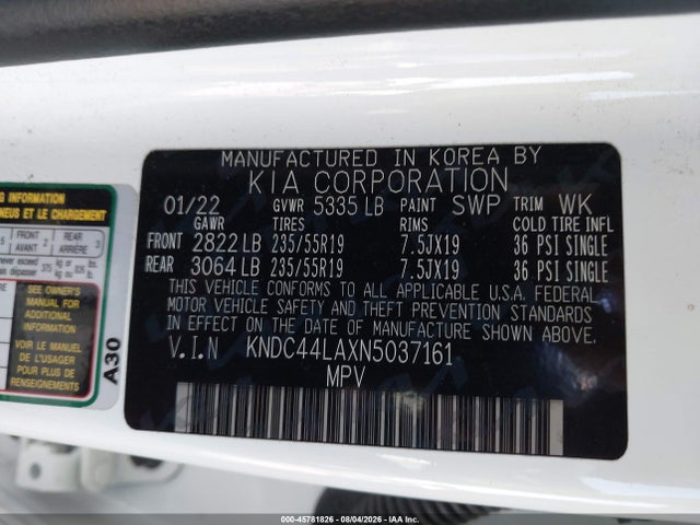 Auction sale of the 2022 Kia Ev6 Gt-line, vin: KNDC44LAXN5037161, lot number: 45781826