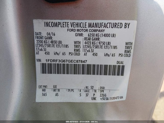 45781833 :رقم المزاد ، 1FDRF3G67GEC87847 vin ، 2016 Ford F-350 Chassis Xl مزاد بيع