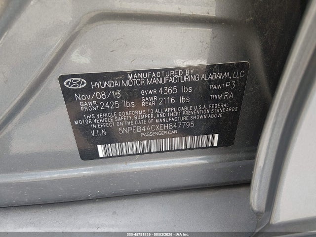Продажа на аукционе авто 2014 Hyundai Sonata Gls, vin: 5NPEB4ACXEH847795, номер лота: 45781839