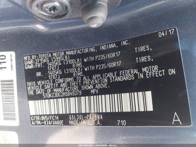 5TDKZ3DC2HS849379 Toyota Sienna Le 8 Passenger