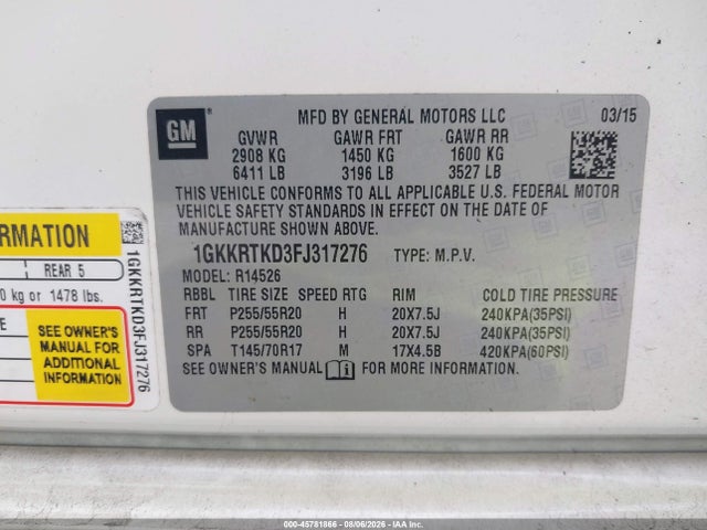 2015 Gmc Acadia Denali მანქანა იყიდება აუქციონზე, vin: 1GKKRTKD3FJ317276, აუქციონის ნომერი: 45781866