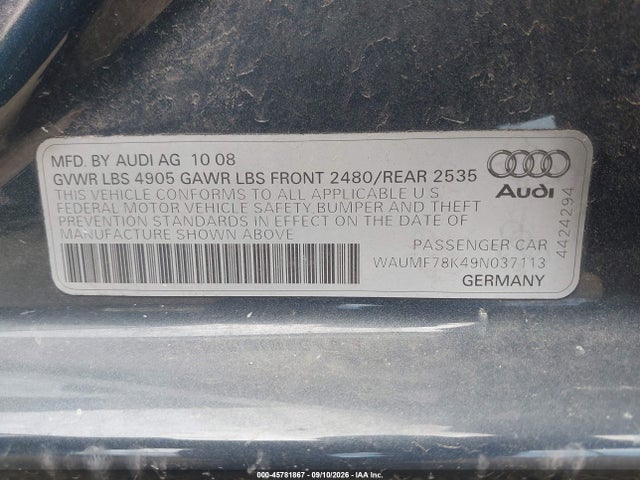 45781867 :رقم المزاد ، WAUMF78K49N037113 vin ، 2009 Audi A4 2.0t Premium مزاد بيع