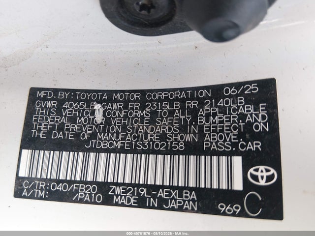 Продаж на аукціоні авто 2025 Toyota Corolla Hybrid Le, vin: JTDBCMFE1S3102158, номер лоту: 45781876