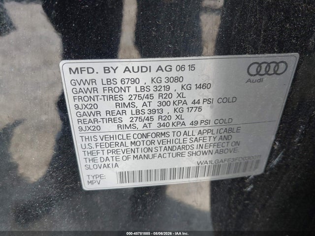 45781885 :رقم المزاد ، WA1LGAFE3FD030011 vin ، 2015 Audi Q7 3.0t Premium مزاد بيع
