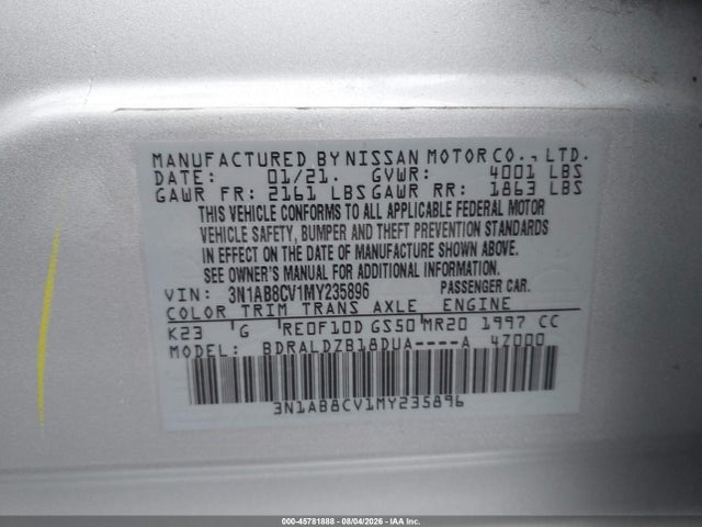 Продажа на аукционе авто 2021 Nissan Sentra Sv Xtronic Cvt, vin: 3N1AB8CV1MY235896, номер лота: 45781888