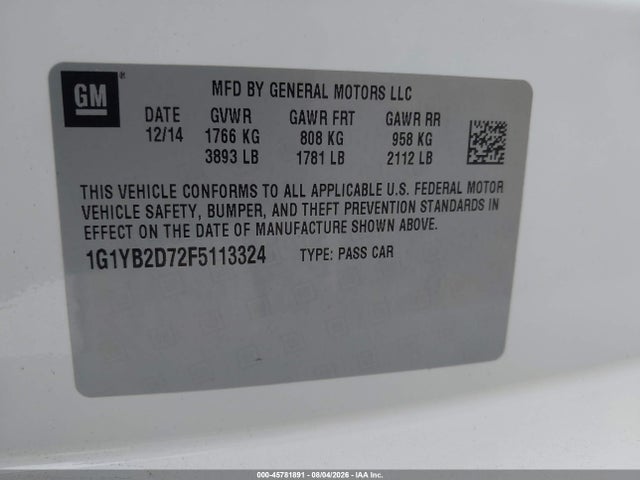 Продажа на аукционе авто 2015 Chevrolet Corvette Stingray, vin: 1G1YB2D72F5113324, номер лота: 45781891