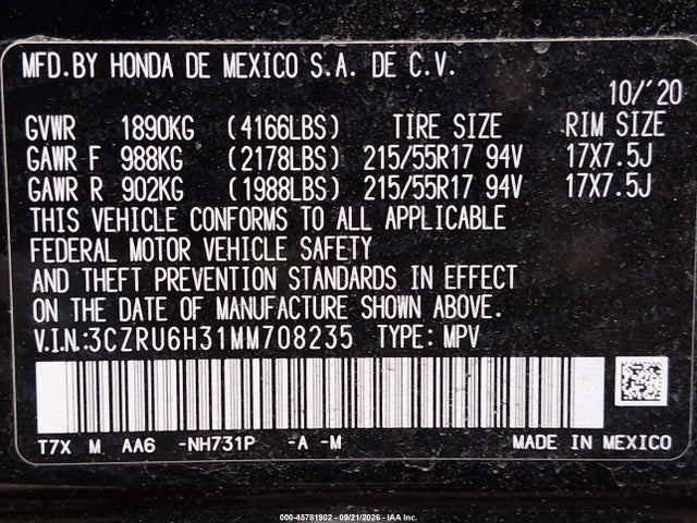 45781902 :رقم المزاد ، 3CZRU6H31MM708235 vin ، 2021 Honda Hr-v Awd Lx مزاد بيع