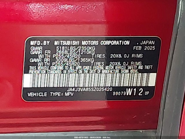 Aukcja sprzedaży 2025 Mitsubishi Outlander Se 2.5 2wd, vin: JA4J3VA85SZ025420, numer aukcji: 45781903