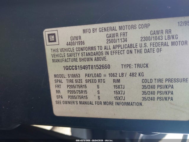 45781908 :رقم المزاد ، 1GCCS1949T8152660 vin ، 1996 Chevrolet S Truck S10 مزاد بيع