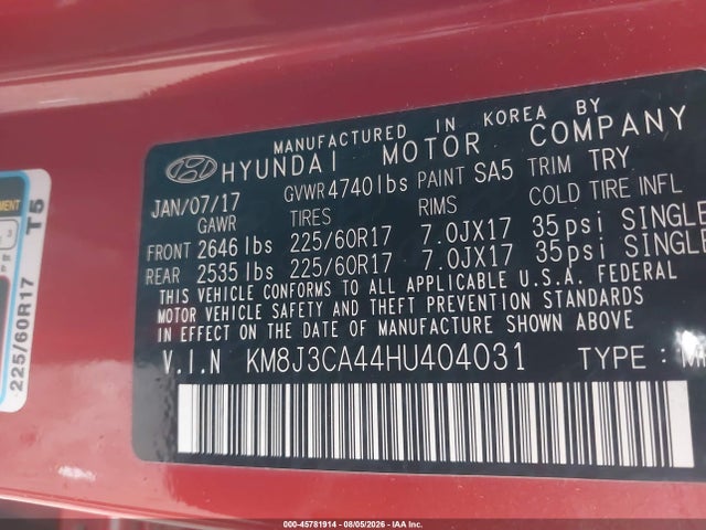 KM8J3CA44HU404031 Hyundai TUCSON SE