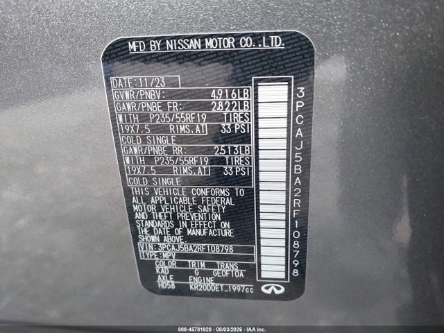 Aukcja sprzedaży 2024 Infiniti Qx50 Luxe, vin: 3PCAJ5BA2RF108798, numer aukcji: 45781920
