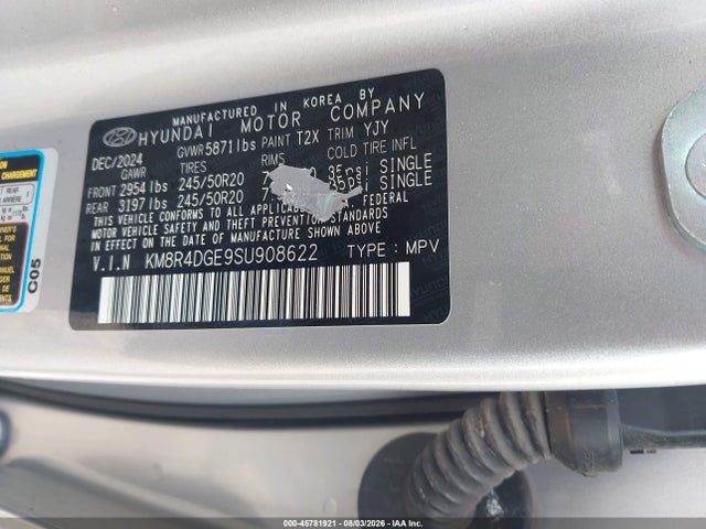 2025 Hyundai Palisade Sel Premium მანქანა იყიდება აუქციონზე, vin: KM8R4DGE9SU908622, აუქციონის ნომერი: 45781921
