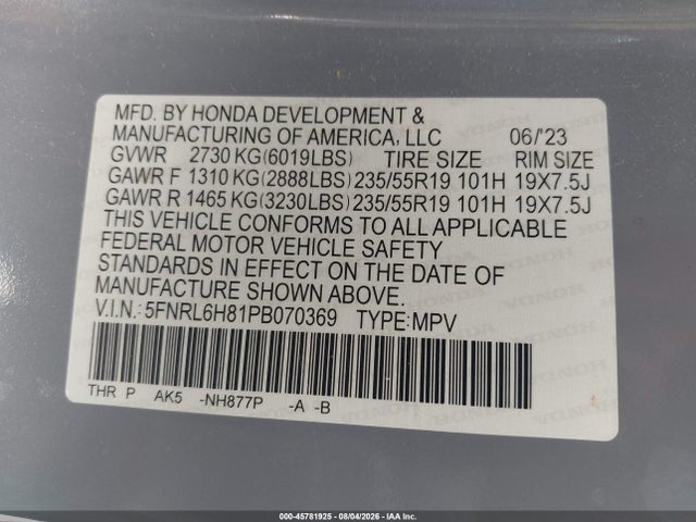 Aukcja sprzedaży 2023 Honda Odyssey Touring, vin: 5FNRL6H81PB070369, numer aukcji: 45781925