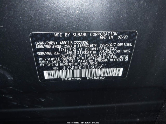 Aukcja sprzedaży 2020 Subaru Forester Premium, vin: JF2SKAGC4LH600651, numer aukcji: 45781950