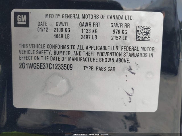 45781953 :رقم المزاد ، 2G1WG5E37C1233509 vin ، 2012 Chevrolet Impala Lt مزاد بيع
