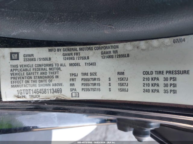 45781956 :رقم المزاد ، 1GTDT146458113469 vin ، 2005 Gmc Canyon Sle مزاد بيع