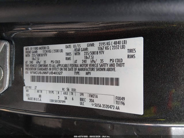 Продаж на аукціоні авто 2015 Ford Escape Titanium, vin: 1FMCU9J96FUB40327, номер лоту: 45781958