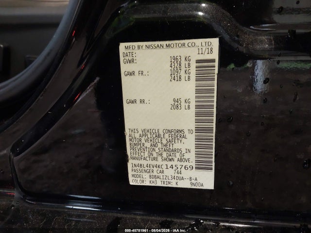 45781961 :رقم المزاد ، 1N4BL4EV4KC145769 vin ، 2019 Nissan Altima 2.5 Sl مزاد بيع