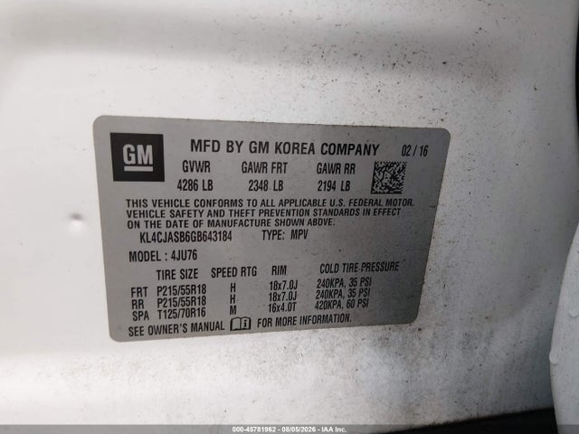 45781962 :رقم المزاد ، KL4CJASB6GB643184 vin ، 2016 Buick Encore مزاد بيع