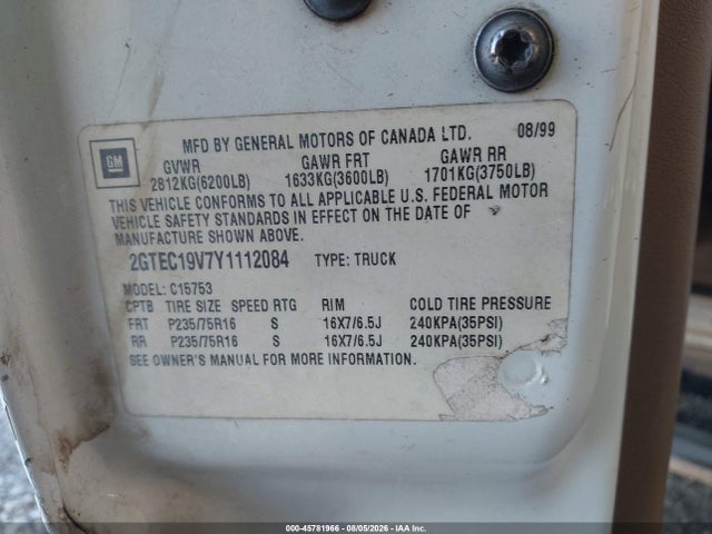 Aukcja sprzedaży 2000 Gmc Sierra 1500 Sle, vin: 2GTEC19V7Y1112084, numer aukcji: 45781966