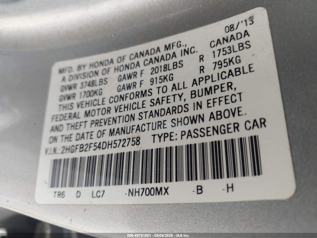 2013 Honda Civic Lx მანქანა იყიდება აუქციონზე, vin: 2HGFB2F54DH572758, აუქციონის ნომერი: 45781981